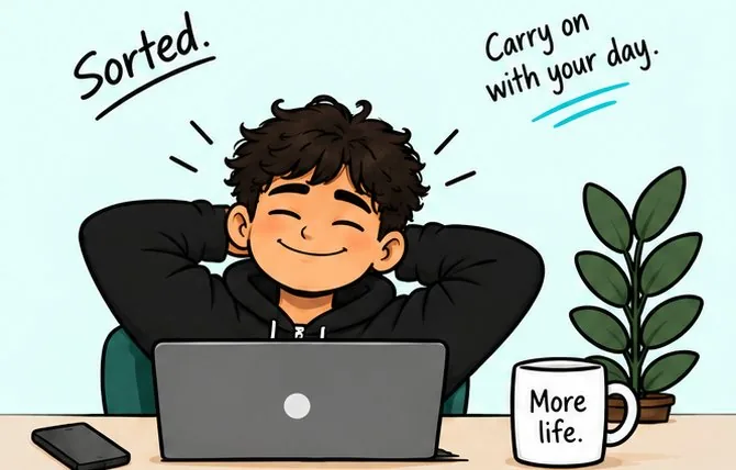 Illustration: a relaxed customer at their laptop, Sorted.