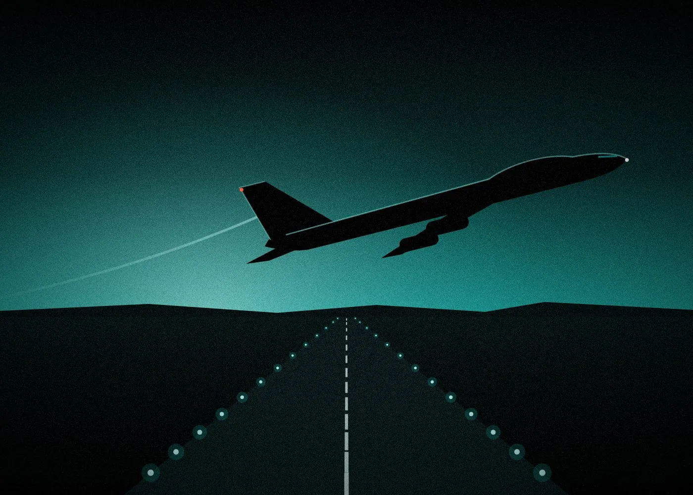 Cargo jet climbing away from a runway at dusk