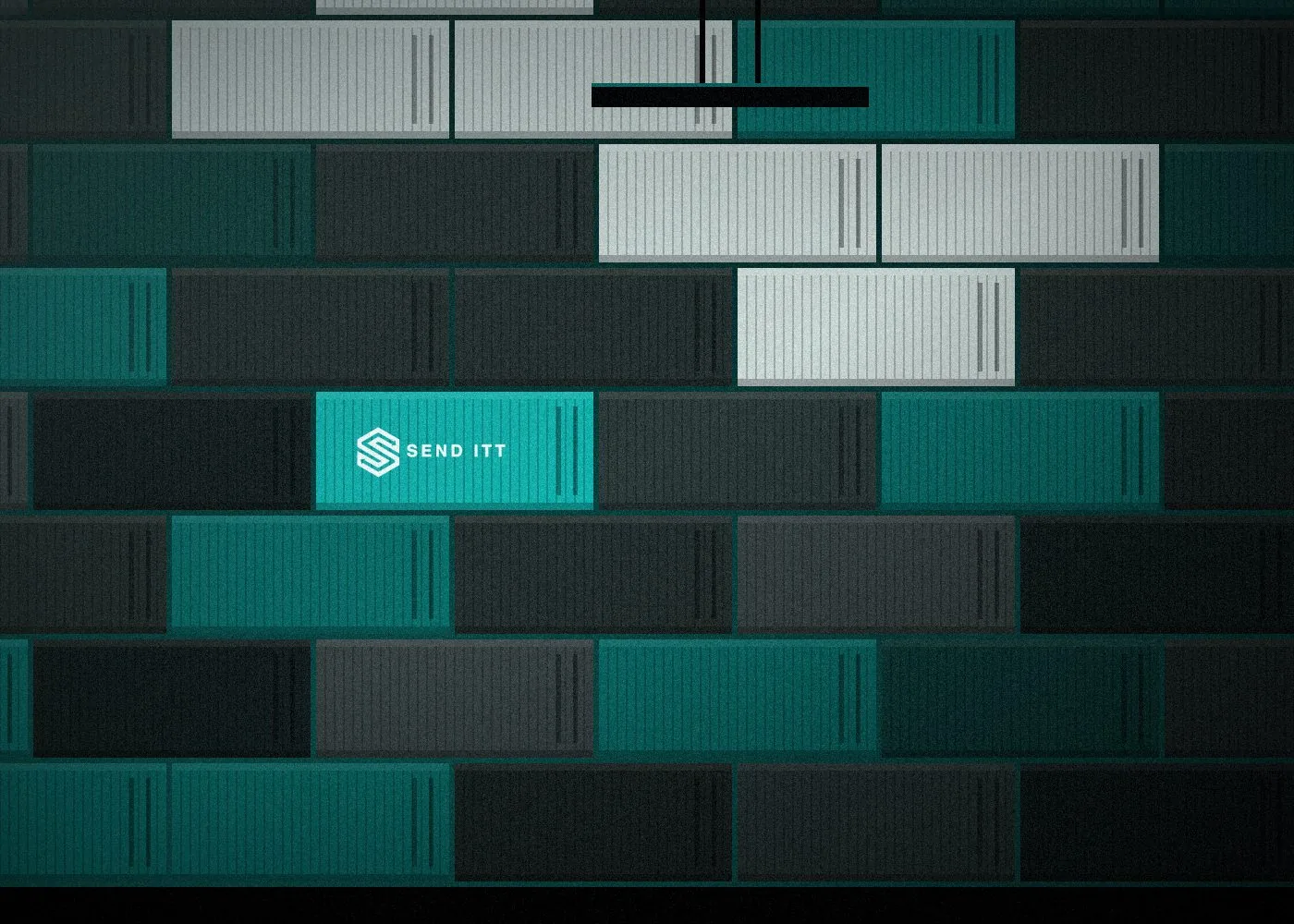 Stacked shipping containers, one in SEND ITT turquoise