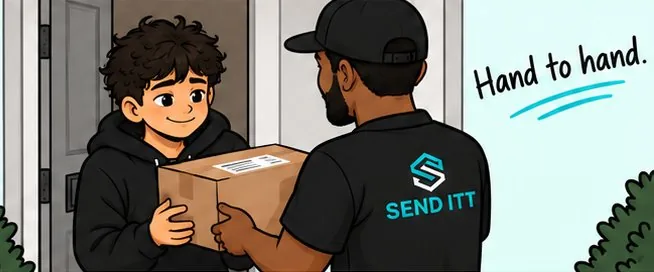Illustration: a SEND ITT driver handing a parcel to a customer at their door. Hand to hand.